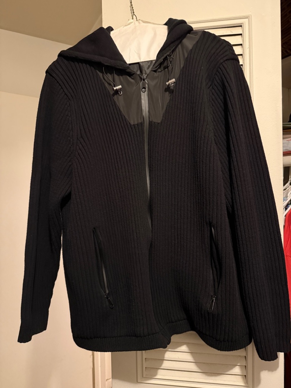 INC International Concepts Black Ribbed Hooded Zip Jacket